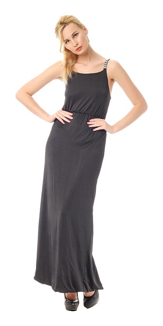 fashion model wearing a black maxi dress